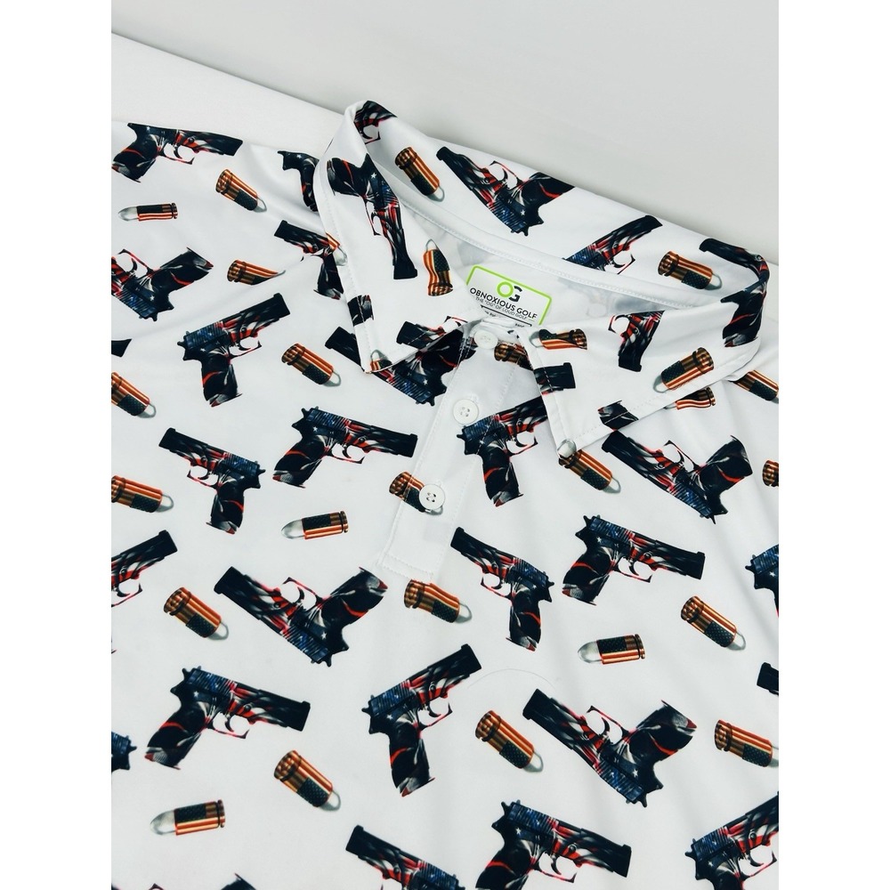 Obnoxious Golf Polo Shirt Men's XL Hand Gun Bullets USA White Short Sleeve